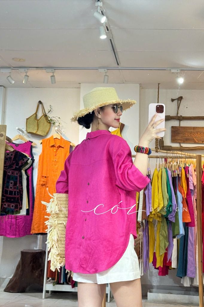 Áo sơ mi form suông phối nút lưng linen tưng premium Cói Design