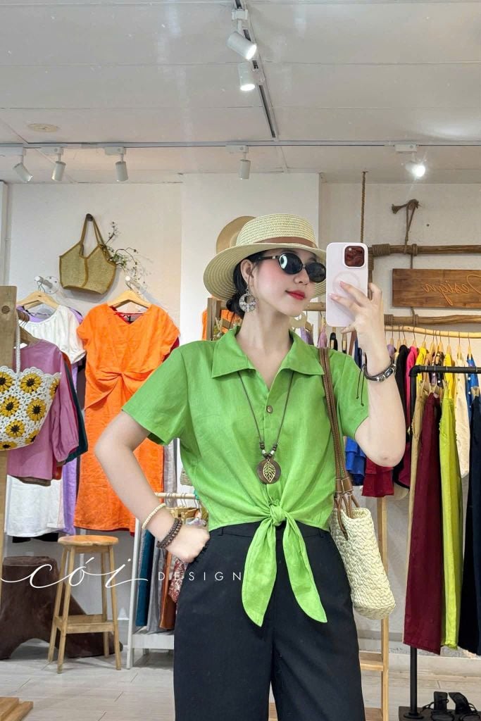 Áo tay ngắn thắt nơ linen Cói Design