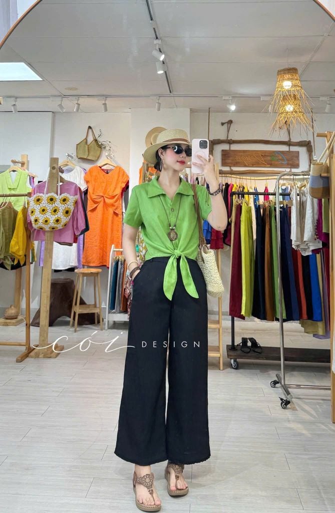 Áo tay ngắn thắt nơ linen Cói Design