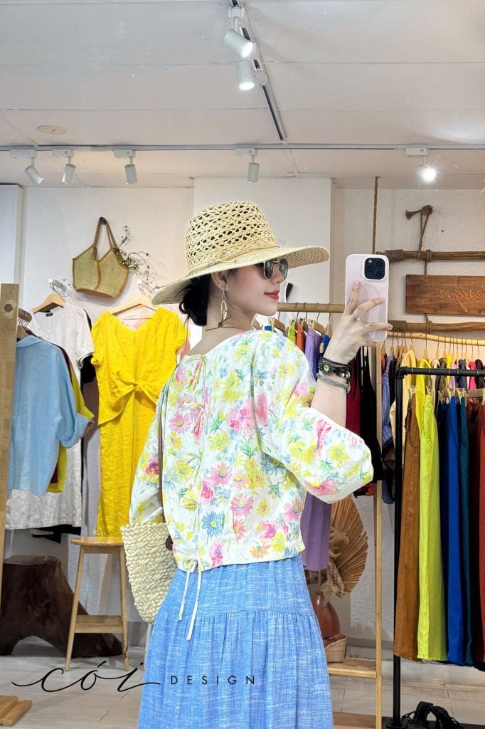 Áo tay phồng phối nơ lưng linen tưng premium Cói Design