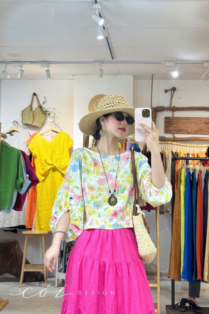 Áo tay phồng phối nơ lưng linen tưng premium Cói Design