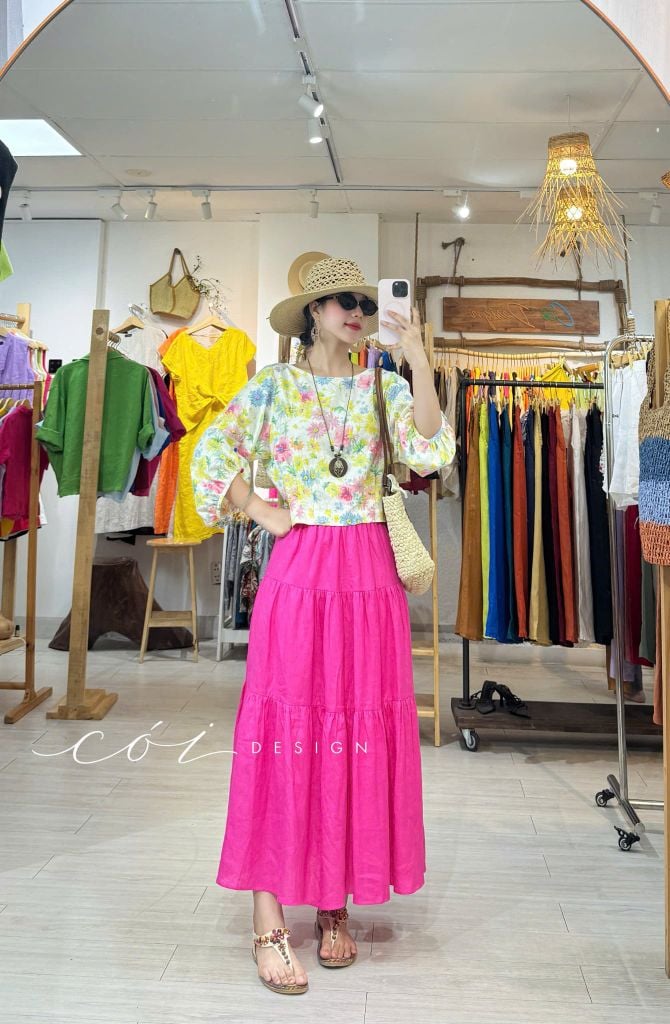 Áo tay phồng phối nơ lưng linen tưng premium Cói Design