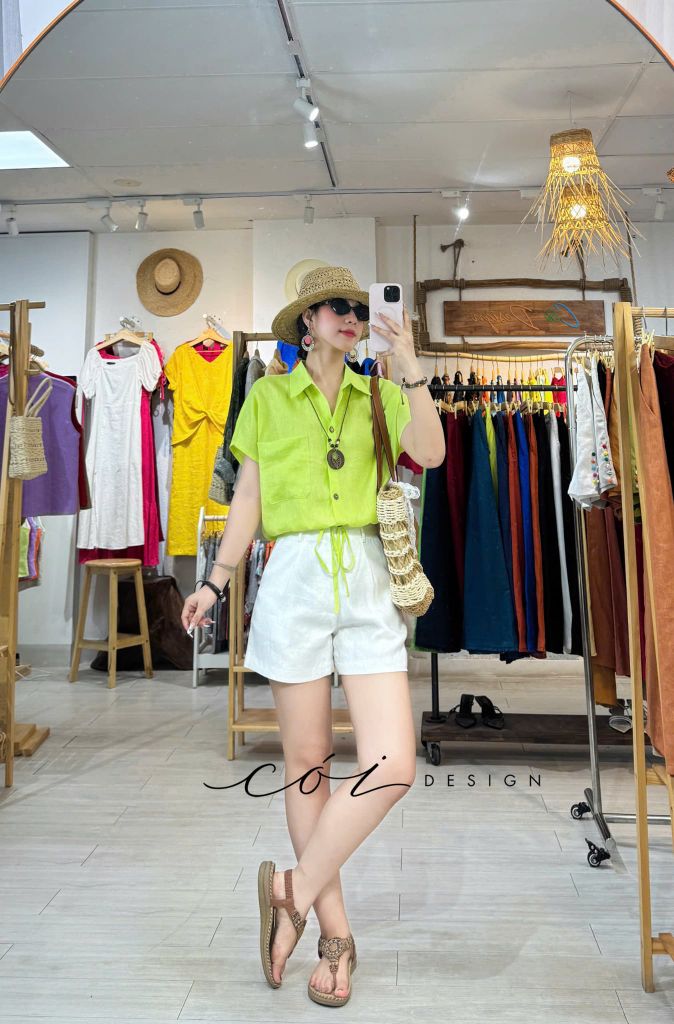 Áo sơ mi croptop 1 túi linen tưng premium Cói Design
