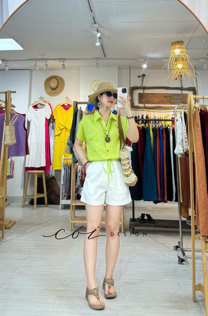 Áo sơ mi croptop 1 túi linen tưng premium Cói Design