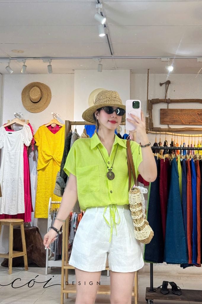 Áo sơ mi croptop 1 túi linen tưng premium Cói Design