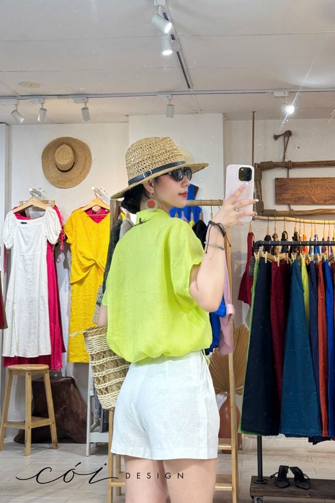 Áo sơ mi croptop 1 túi linen tưng premium Cói Design