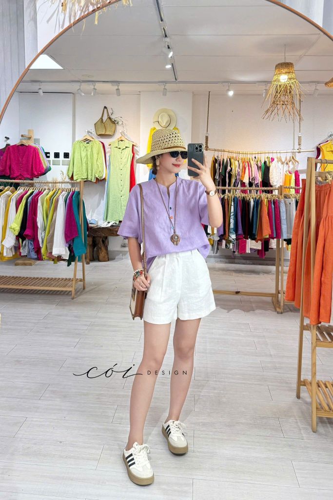 Áo cổ trụ tay ngắn nút bọc màu linen Tưng Cói Design