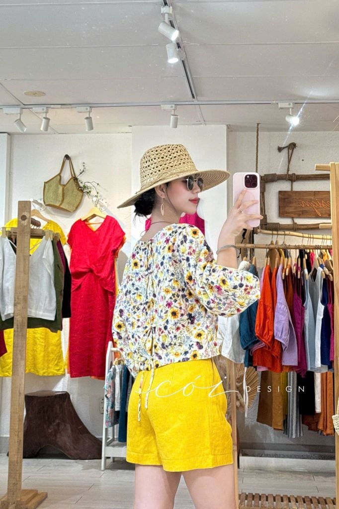 Áo tay phồng phối nơ lưng linen tưng premium Cói Design