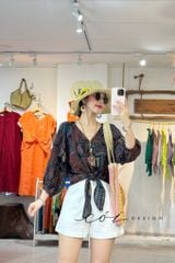 Áo cổ tim thắt nơ tay phồng linen Cói Design