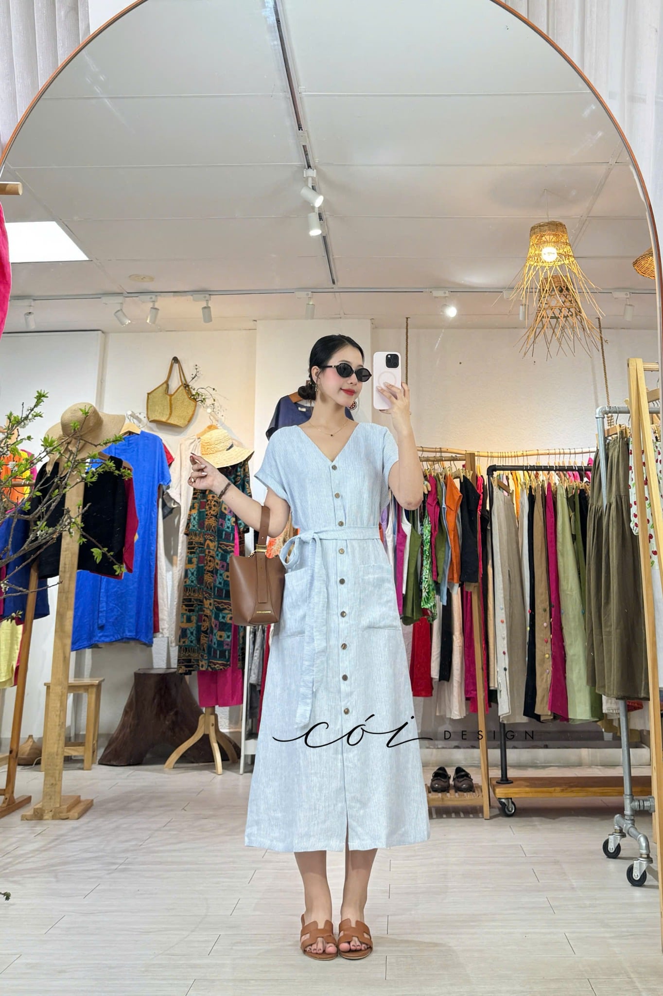 Đầm suông sọc kèm belt linen tưng Cói Design