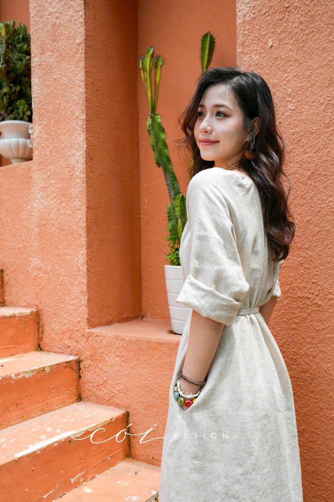 Đầm suông cổ tròn xếp nhún kèm belt linen tưng premium Cói Design