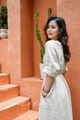 Đầm suông cổ tròn xếp nhún kèm belt linen tưng premium Cói Design