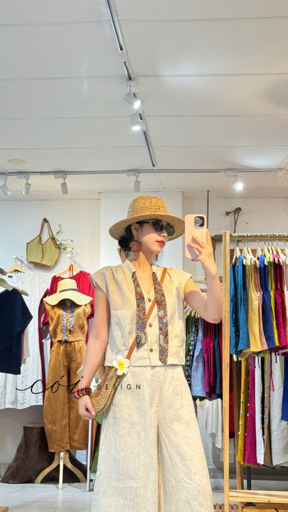 Áo sơ mi phối dây họa tiết linen tưng Cói Design