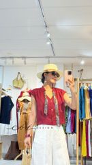 Áo sơ mi phối dây họa tiết linen tưng Cói Design