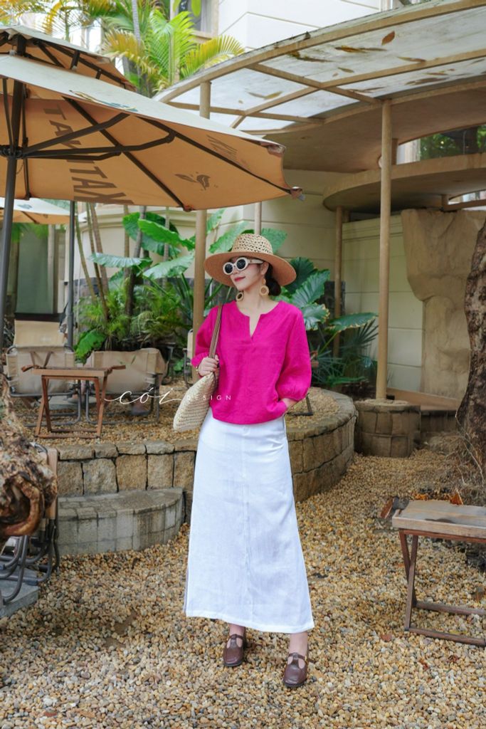 Áo cổ xẻ tròn tay phồng linen tưng premium Cói Design