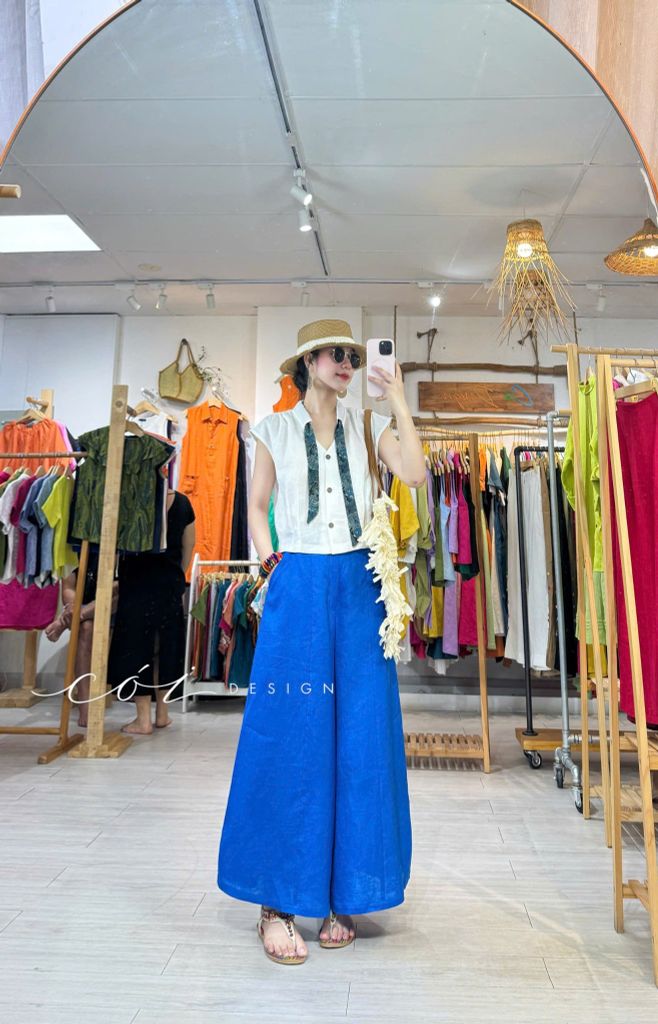 Áo sơ mi phối dây họa tiết linen tưng Cói Design