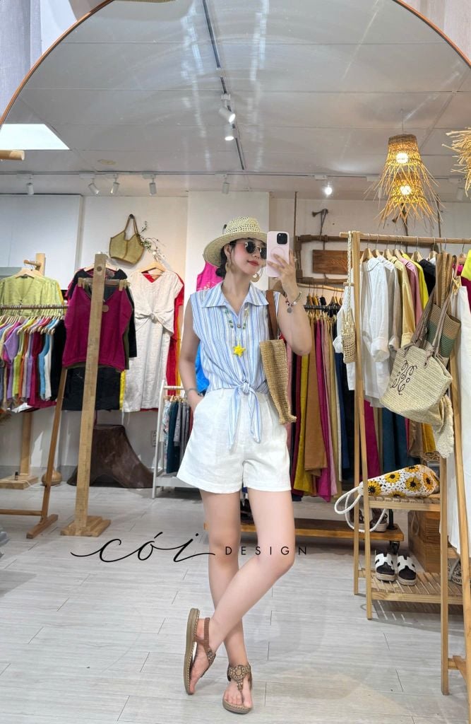Áo sát nách thắt dây linen tưng premium Cói Design