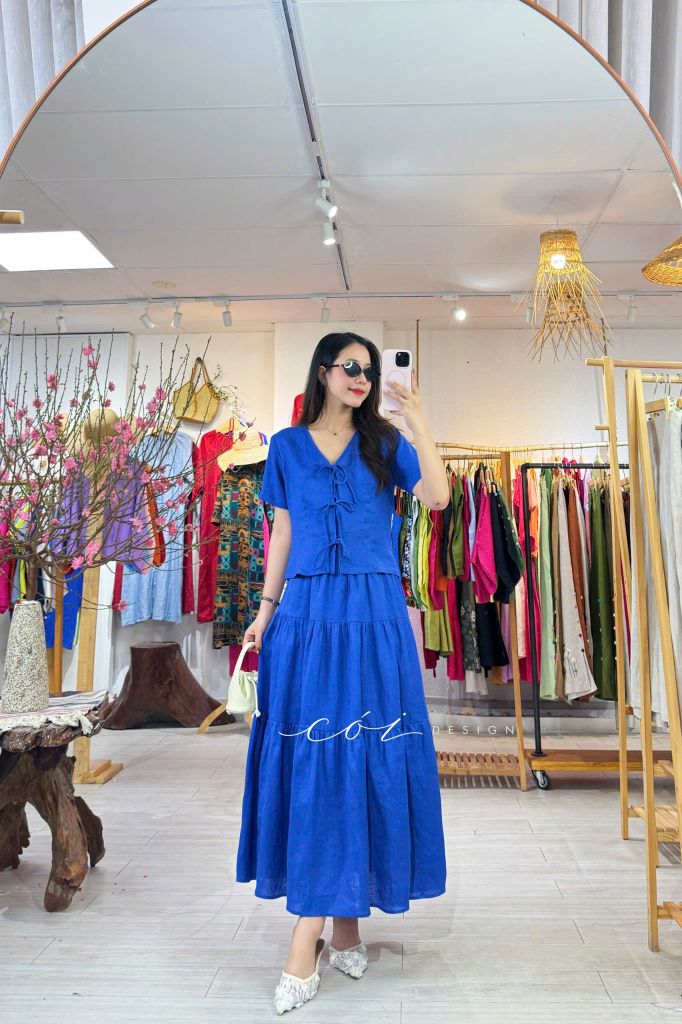 Áo tay ngắn cổ tim linen tưng premium Cói Design