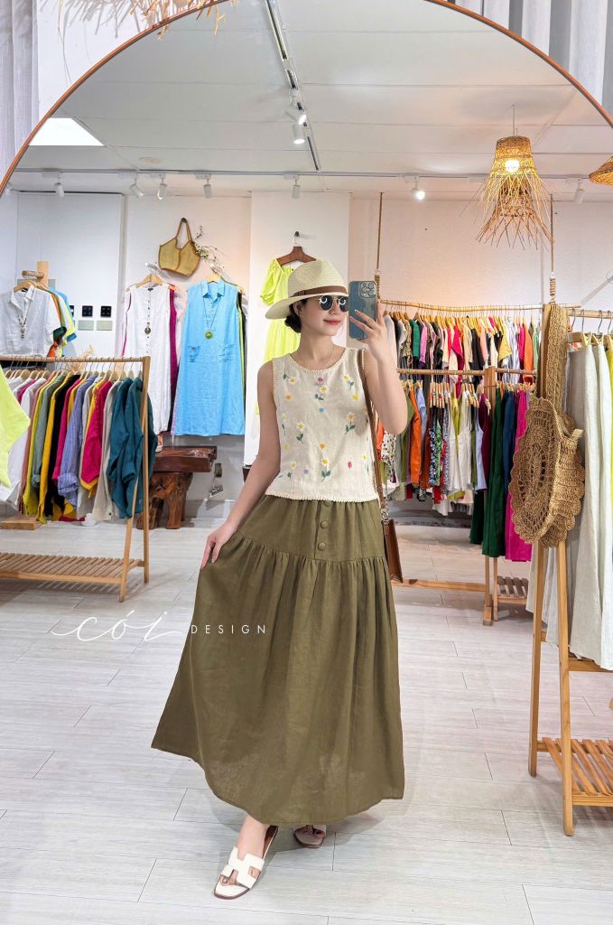 Chân váy 1 tầng nút bọc linen tưng premium Cói Design