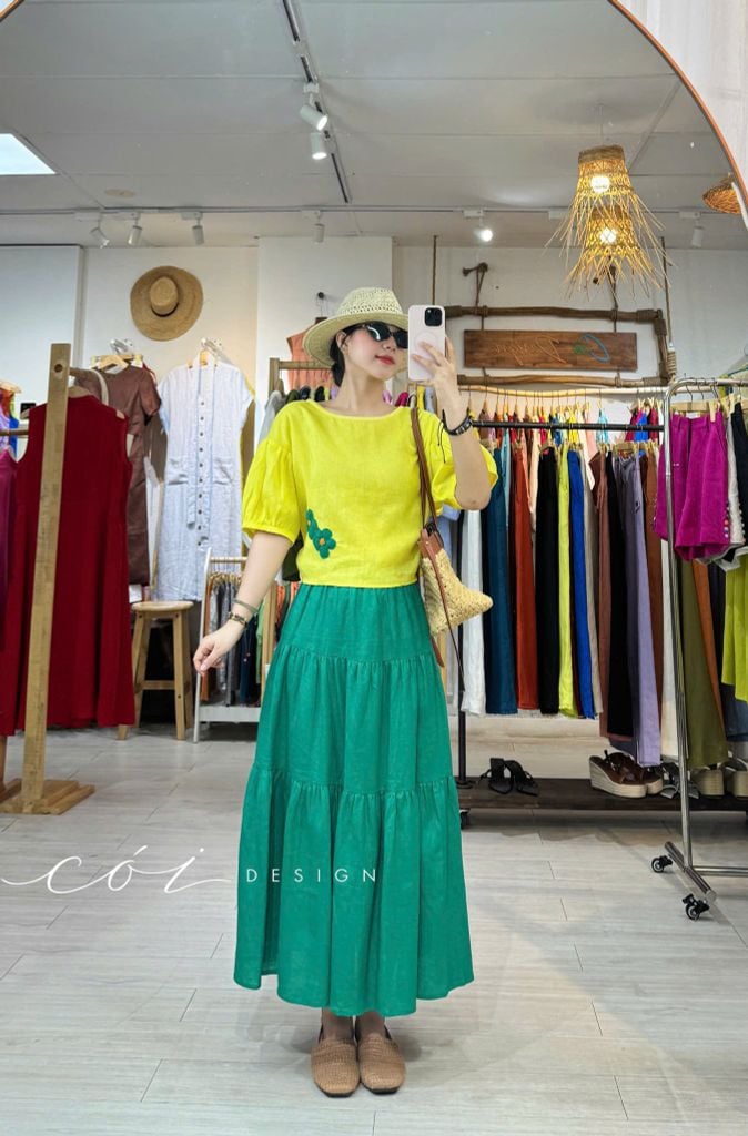 Áo thêu viền cổ phối hoa tua rua handmade linen tưng premium Cói Design