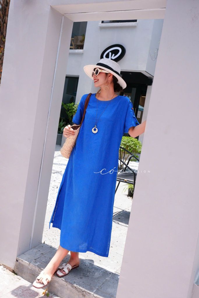 Đầm suông nút bọc màu kèm belt linen tưng premium Cói Design