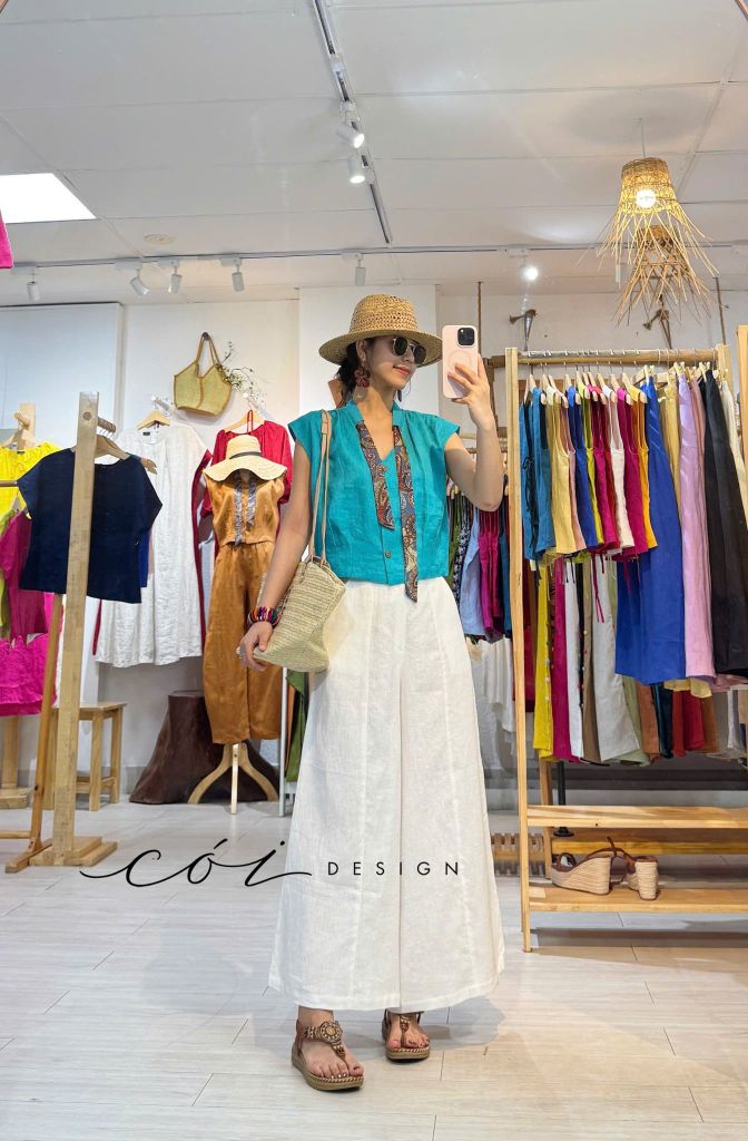Áo sơ mi phối dây họa tiết linen tưng Cói Design