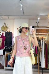 Áo sát nách thêu tay hoa rơi viền sò linen tưng premium Cói Design