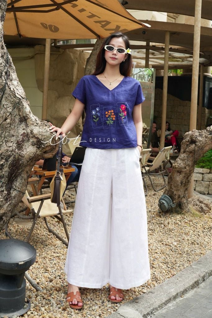 Áo thêu 3 ô linen tưng premium Cói Design