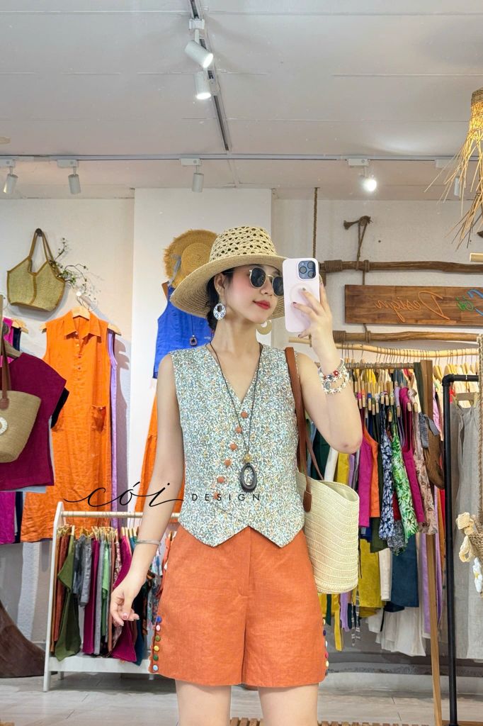 Quần short nút bọc màu linen tưng premium Cói Design