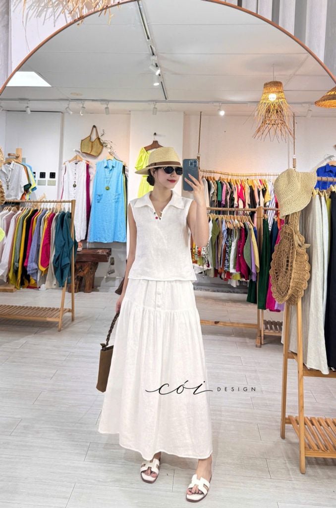 Chân váy 1 tầng nút bọc linen tưng premium Cói Design