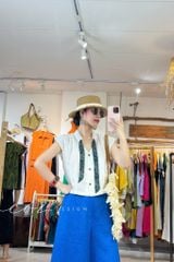 Áo sơ mi phối dây họa tiết linen tưng Cói Design