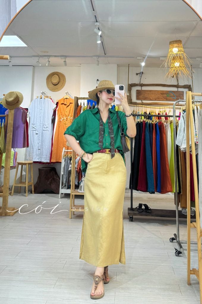 Áo sơ mi nút lưng phối túi linen tưng premium Cói Design