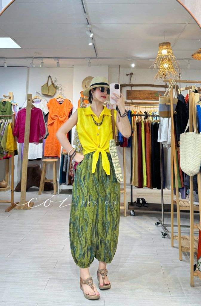 Quần bo gấu hoạ tiết Paisley linen Cói Design