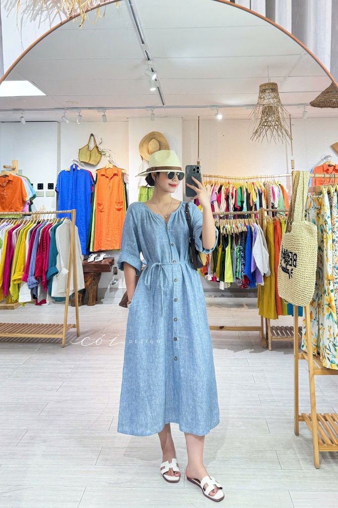 Đầm suông cổ tròn xếp nhún kèm belt linen tưng premium Cói Design