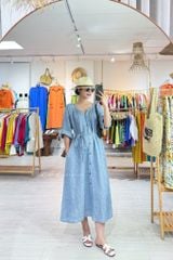 Đầm suông cổ tròn xếp nhún kèm belt linen tưng premium Cói Design