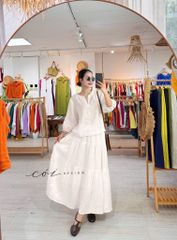 Áo cổ xẻ tròn tay phồng linen tưng premium Cói Design