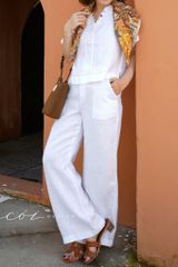 Áo cổ V thêu viền tay ngắn linen tưng premium Cói Design