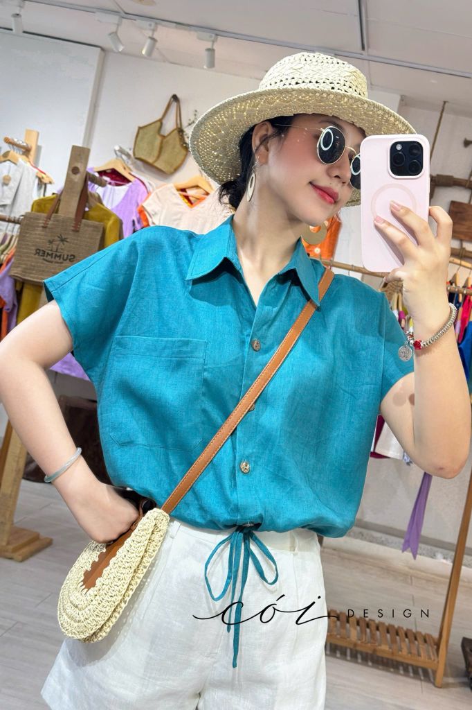 Áo sơ mi croptop 1 túi linen tưng premium Cói Design