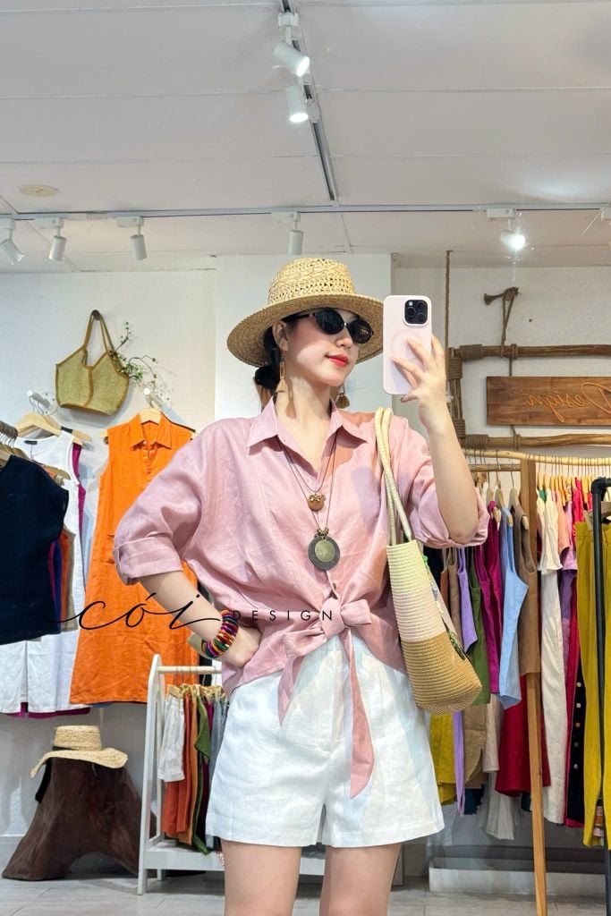 Áo sơ mi thắt nơ linen tưng premium Cói Design