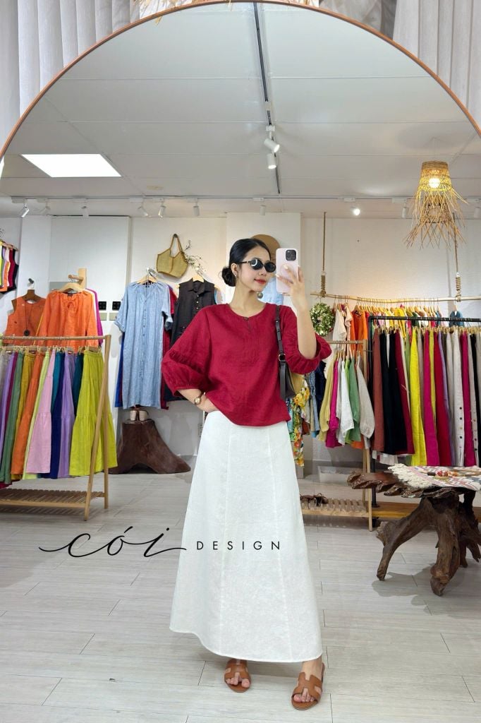 Áo cổ tròn tay nhún lồng đèn linen tưng premium Cói Design