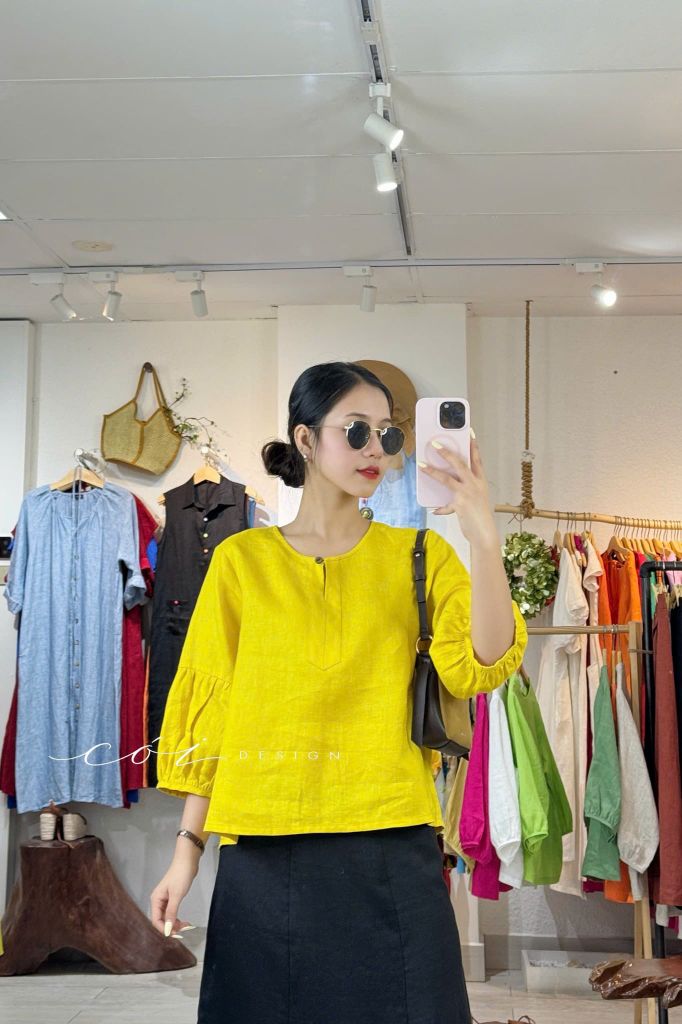 Áo cổ tròn tay nhún lồng đèn linen tưng premium Cói Design