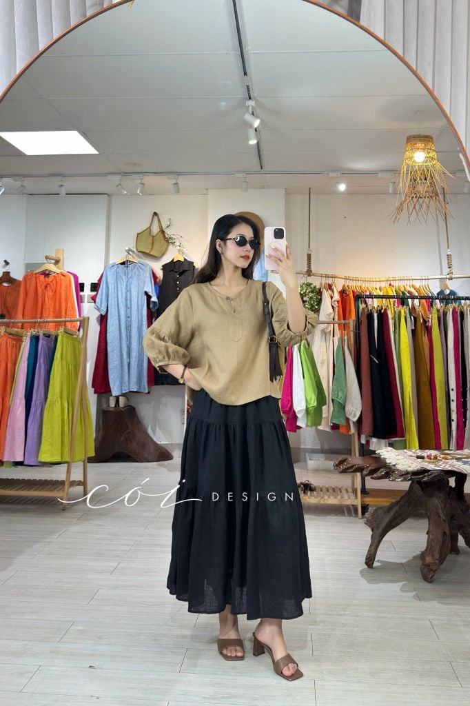 Áo cổ tròn tay nhún lồng đèn linen tưng premium Cói Design