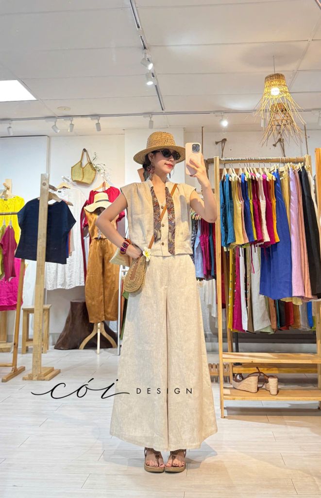 Áo sơ mi phối dây họa tiết linen tưng Cói Design