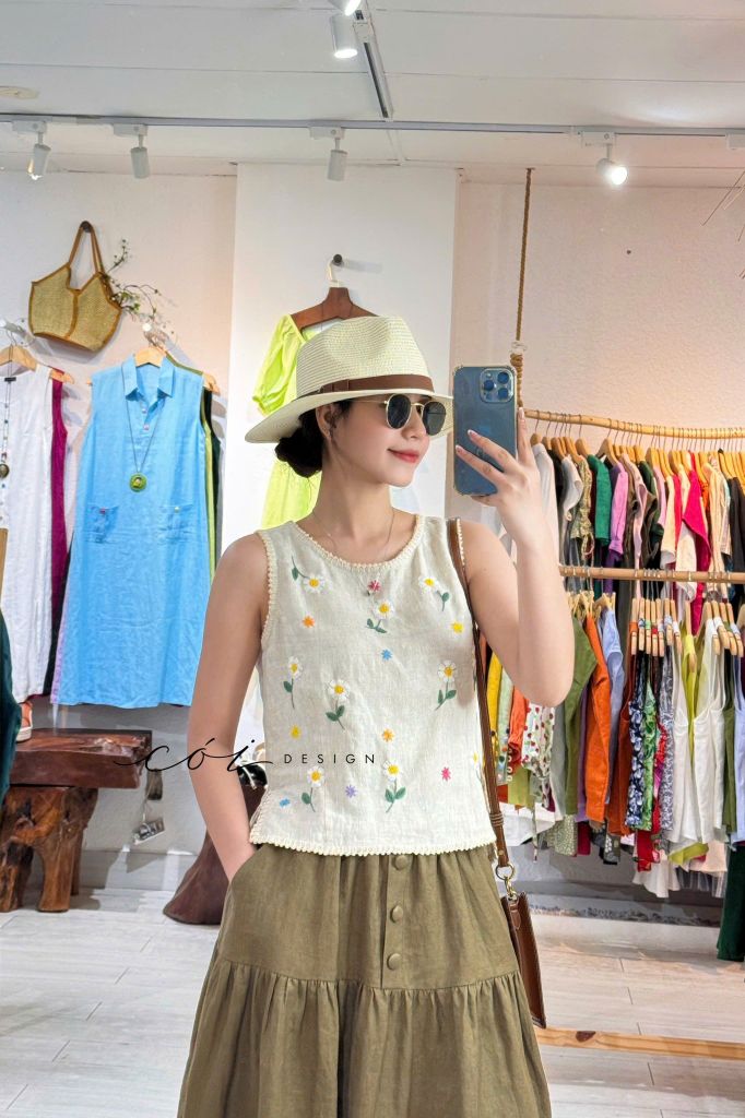 Chân váy 1 tầng nút bọc linen tưng premium Cói Design