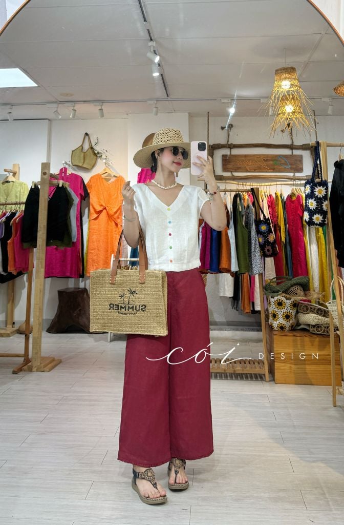 Quần suông phối bèo lai túi linen tưng premium Cói Design