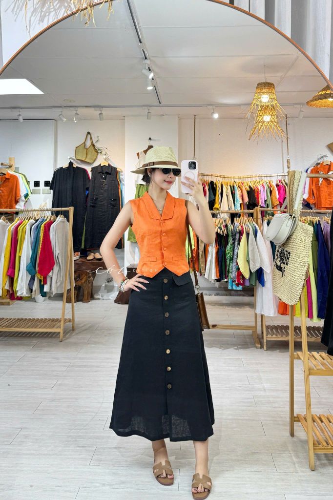Chân váy hàng nút dừa 1 túi linen tưng premium Cói Design