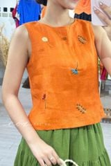 Áo thêu sát nách nút bọc Hoa Gió linen tưng premium Cói Design