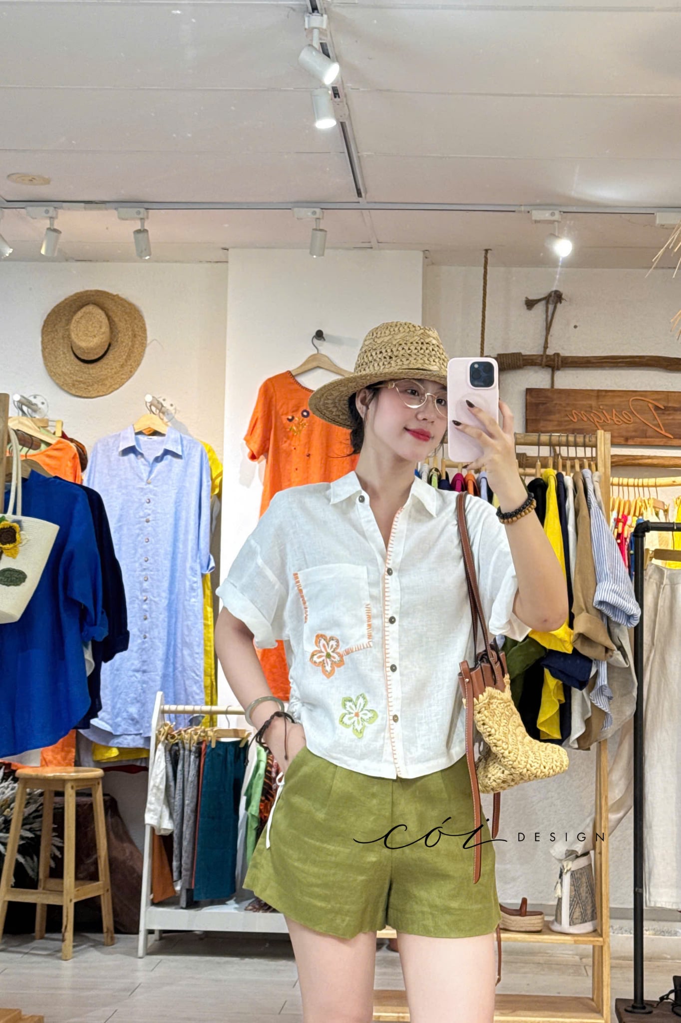 Áo sơ mi rút dây sườn phối hoa handmade linen tưng Cói Design
