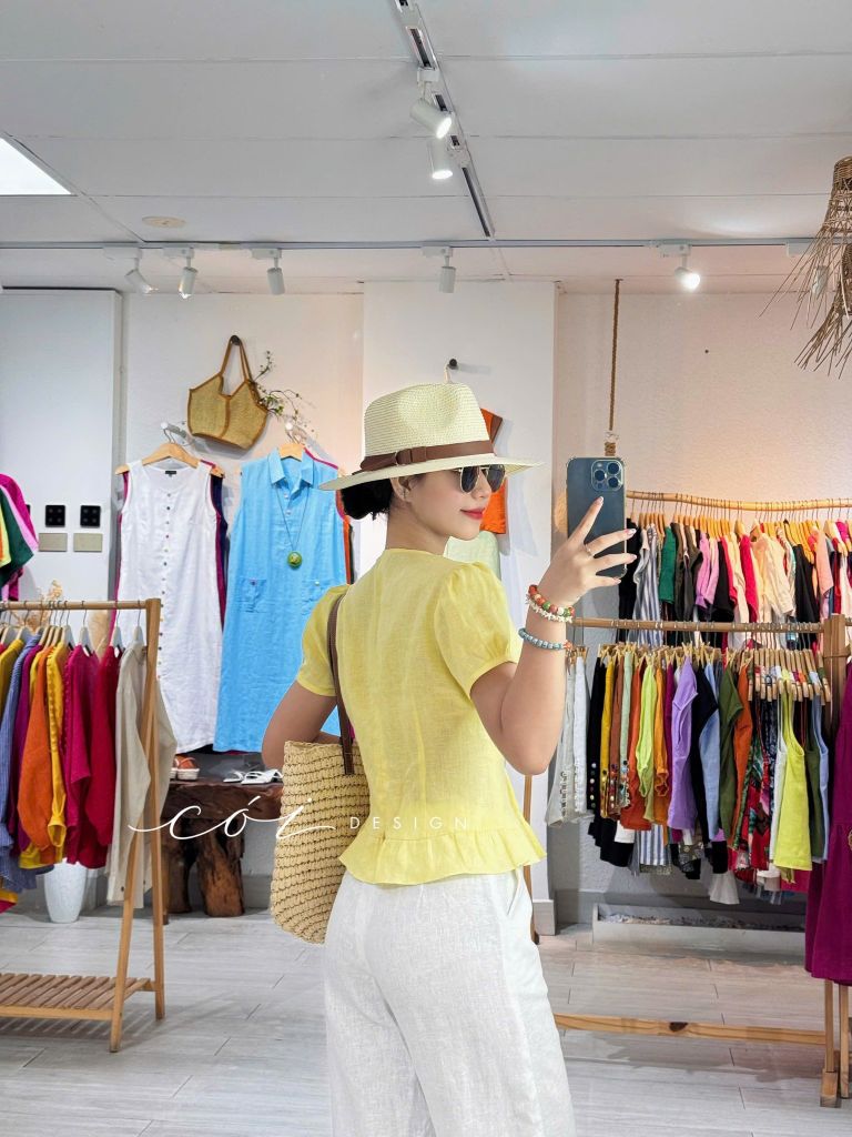 Áo cổ tim tay phồng nhún bèo linen tưng premium Cói Design