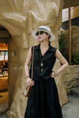 Áo sát nách cổ V nút bọc màu linen tưng premium Cói Design